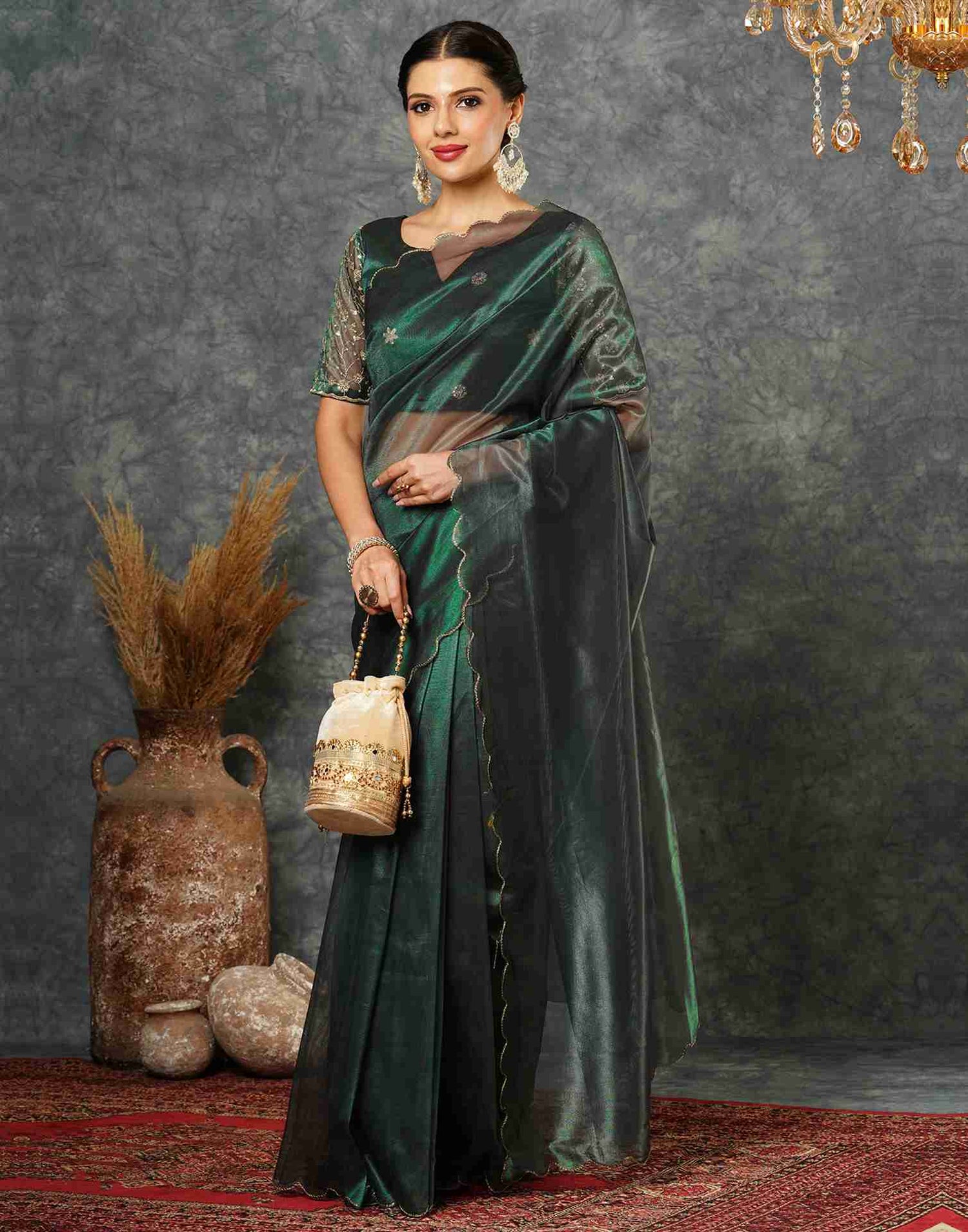 Dark Green Net Embroidery Saree