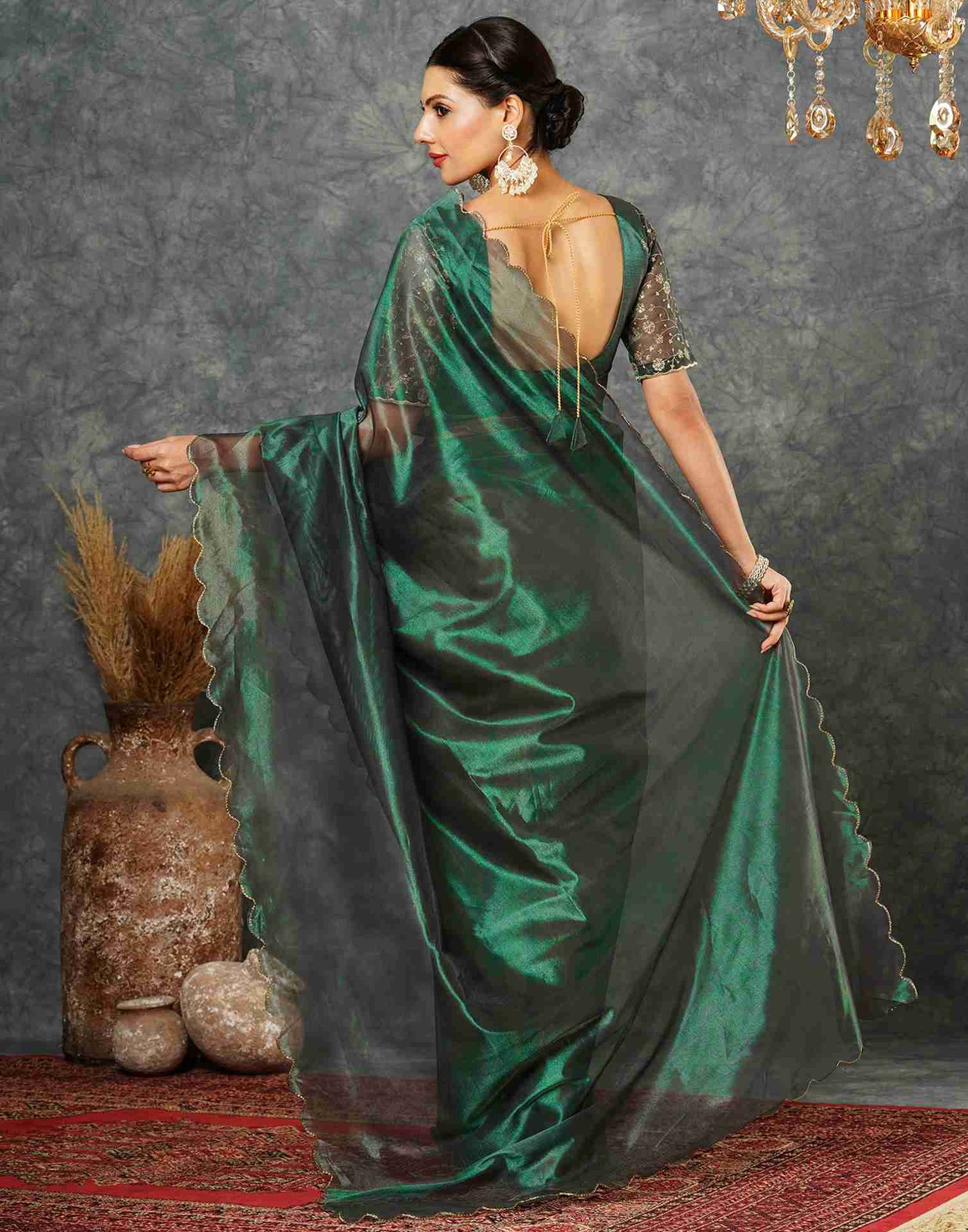 Dark Green Net Embroidery Plain Saree