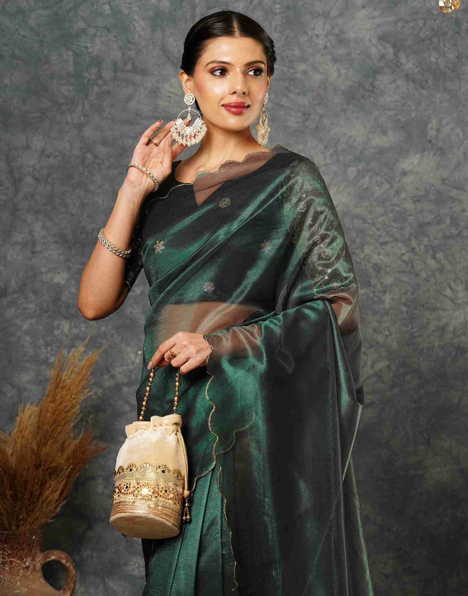 Dark Green Net Embroidery Plain Saree