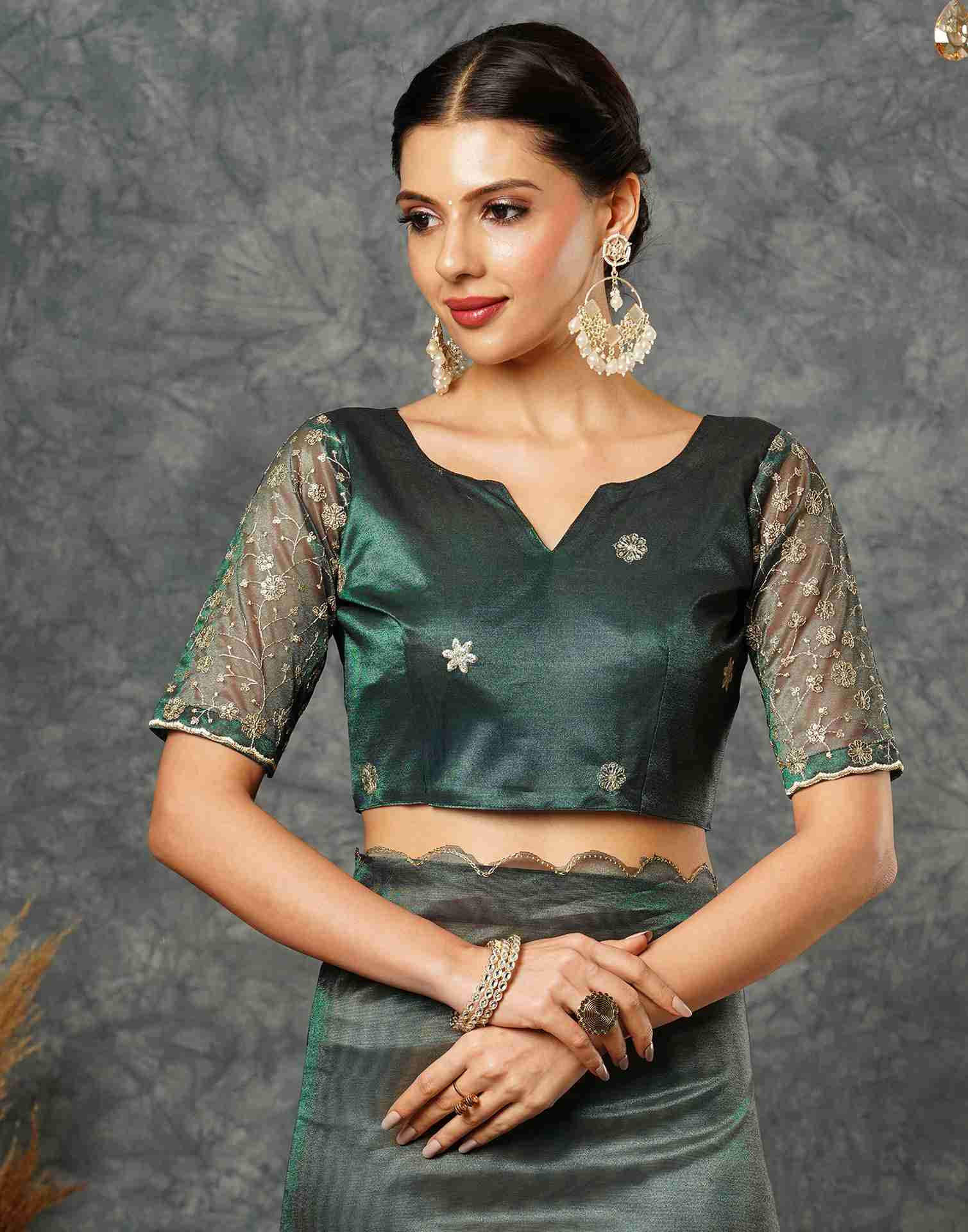 Dark Green Net Embroidery Plain Saree