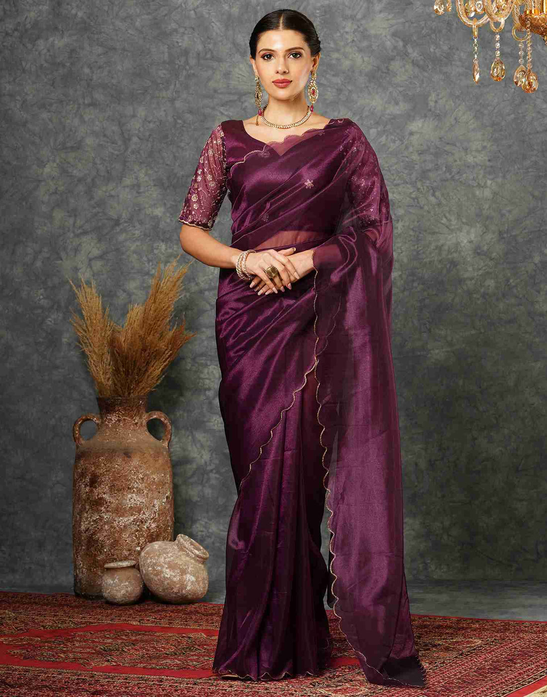 Wine Net Embroidery Plain Saree