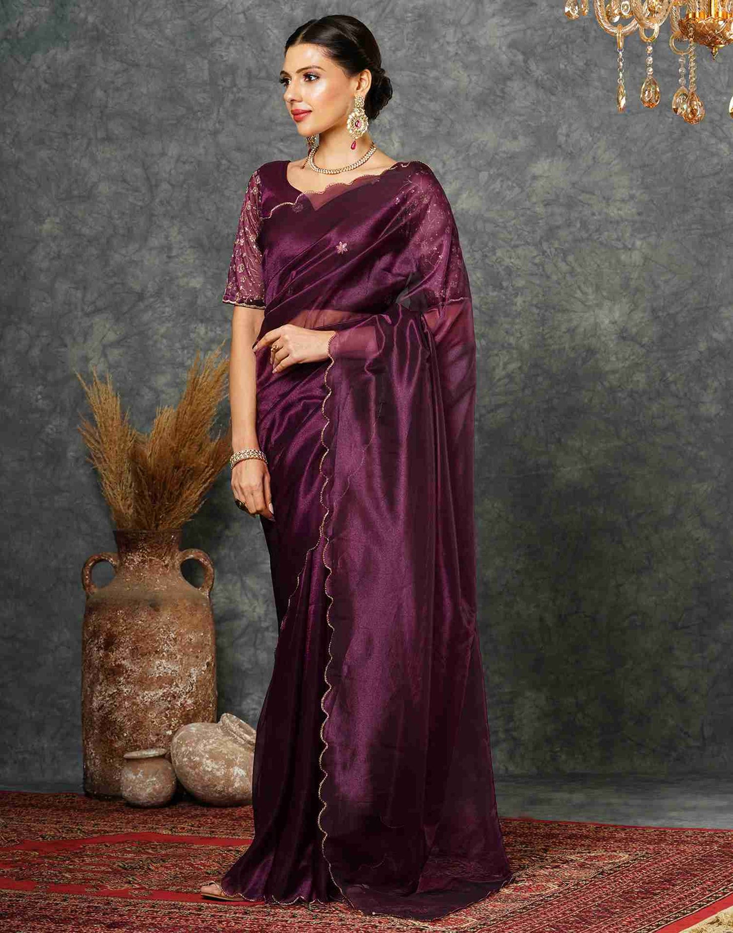 Wine Net Embroidery Saree