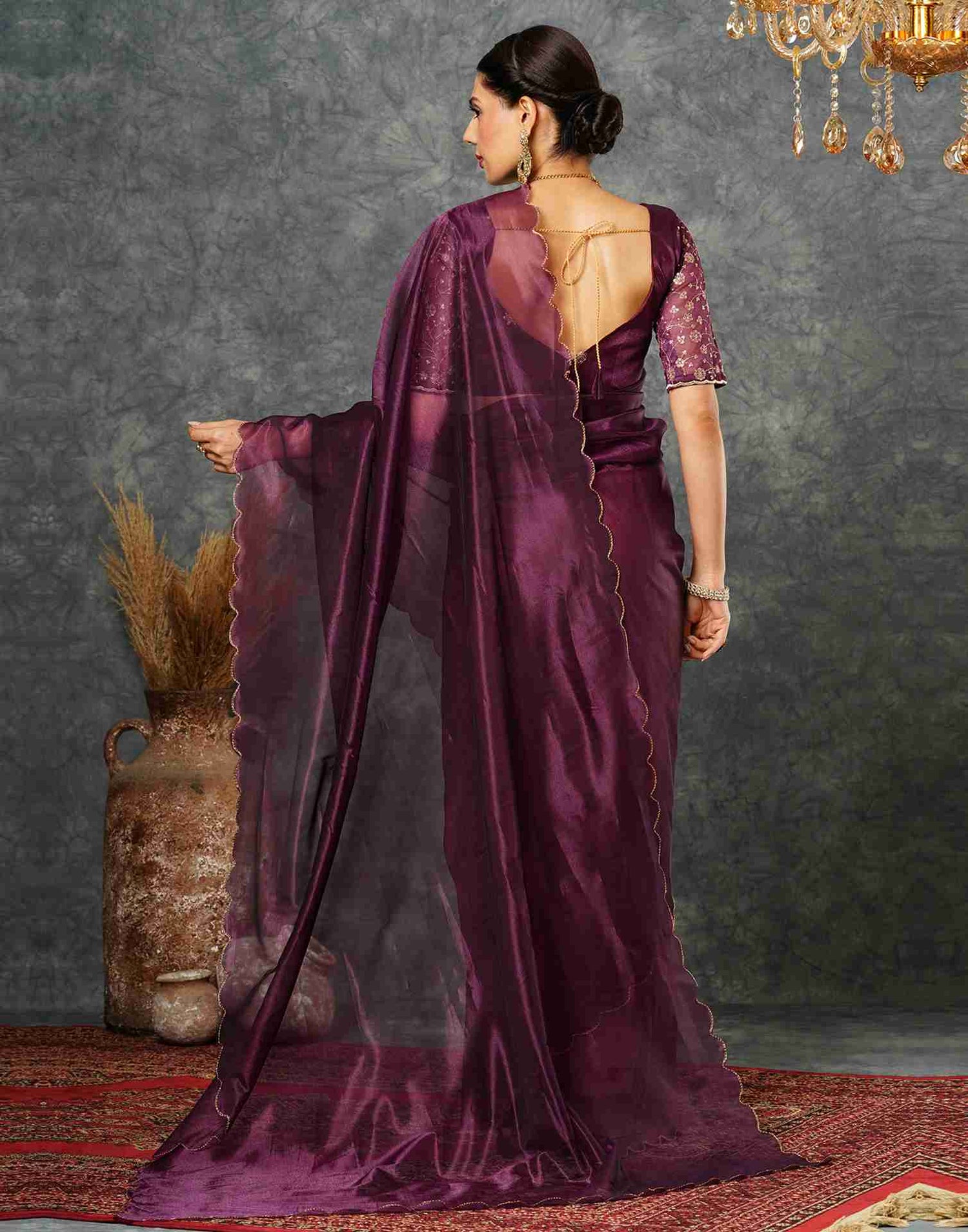 Wine Net Embroidery Plain Saree