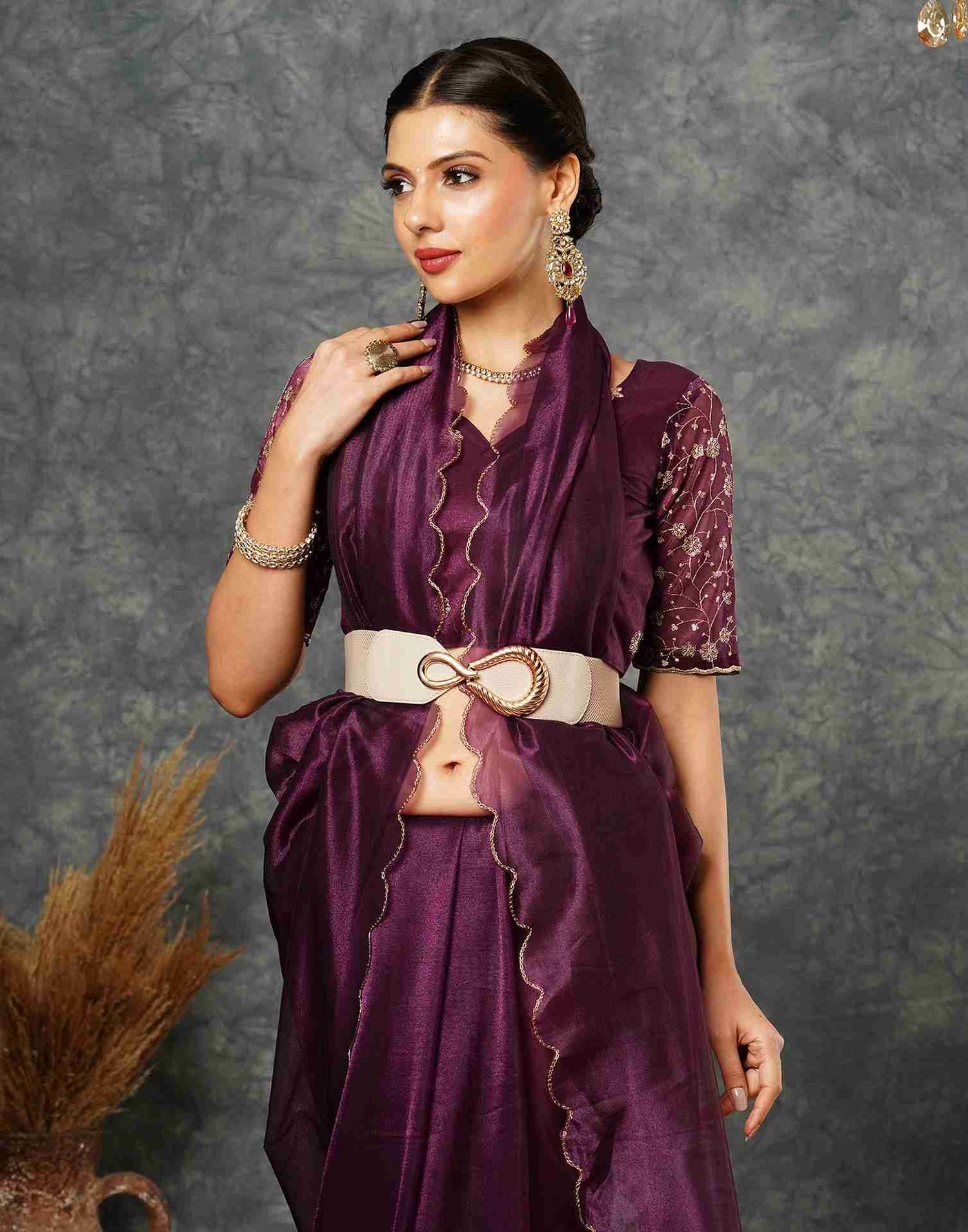 Wine Net Embroidery Saree