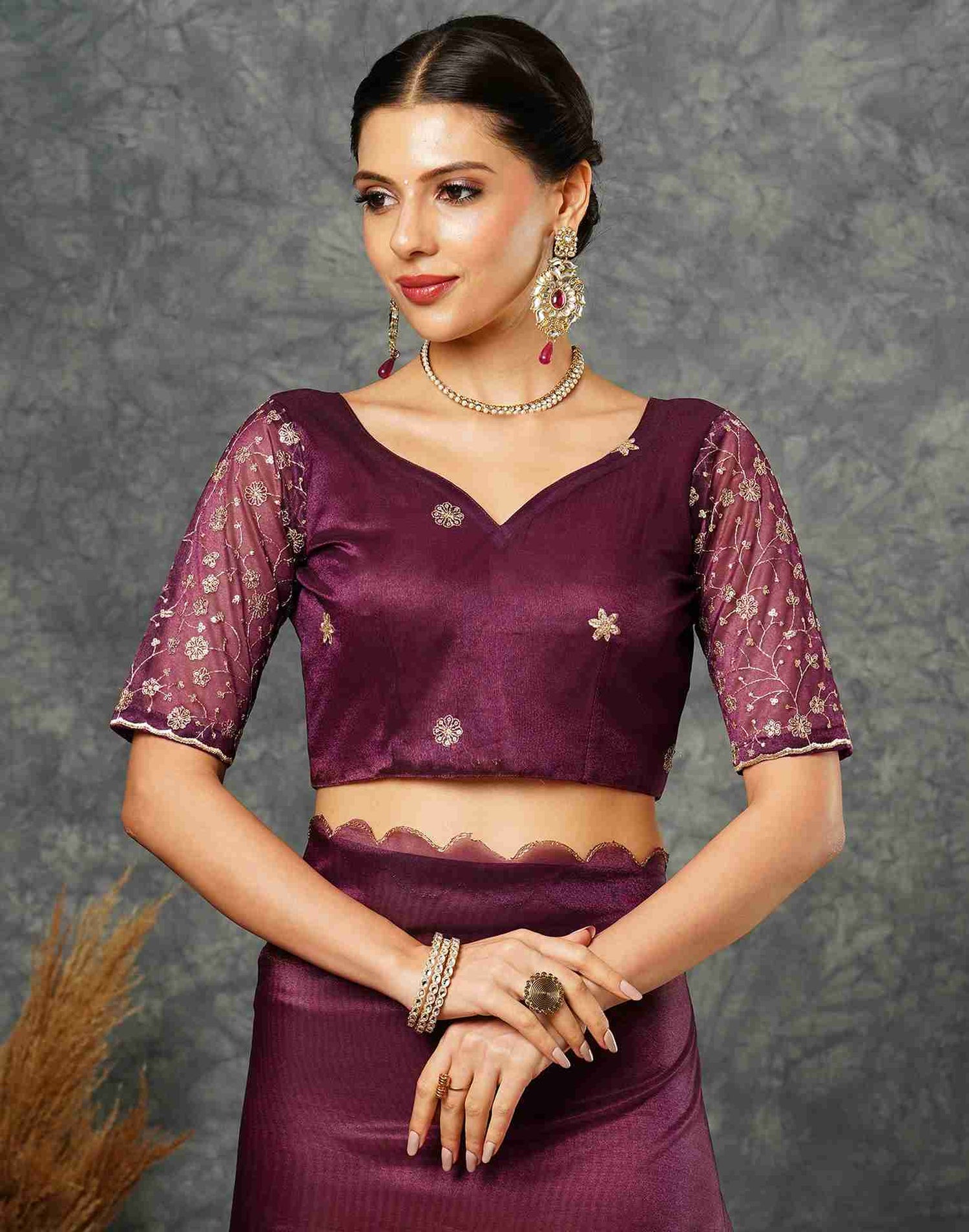 Wine Net Embroidery Saree