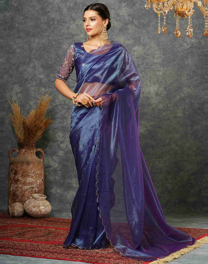 Royal Blue Net Embroidery Plain Saree