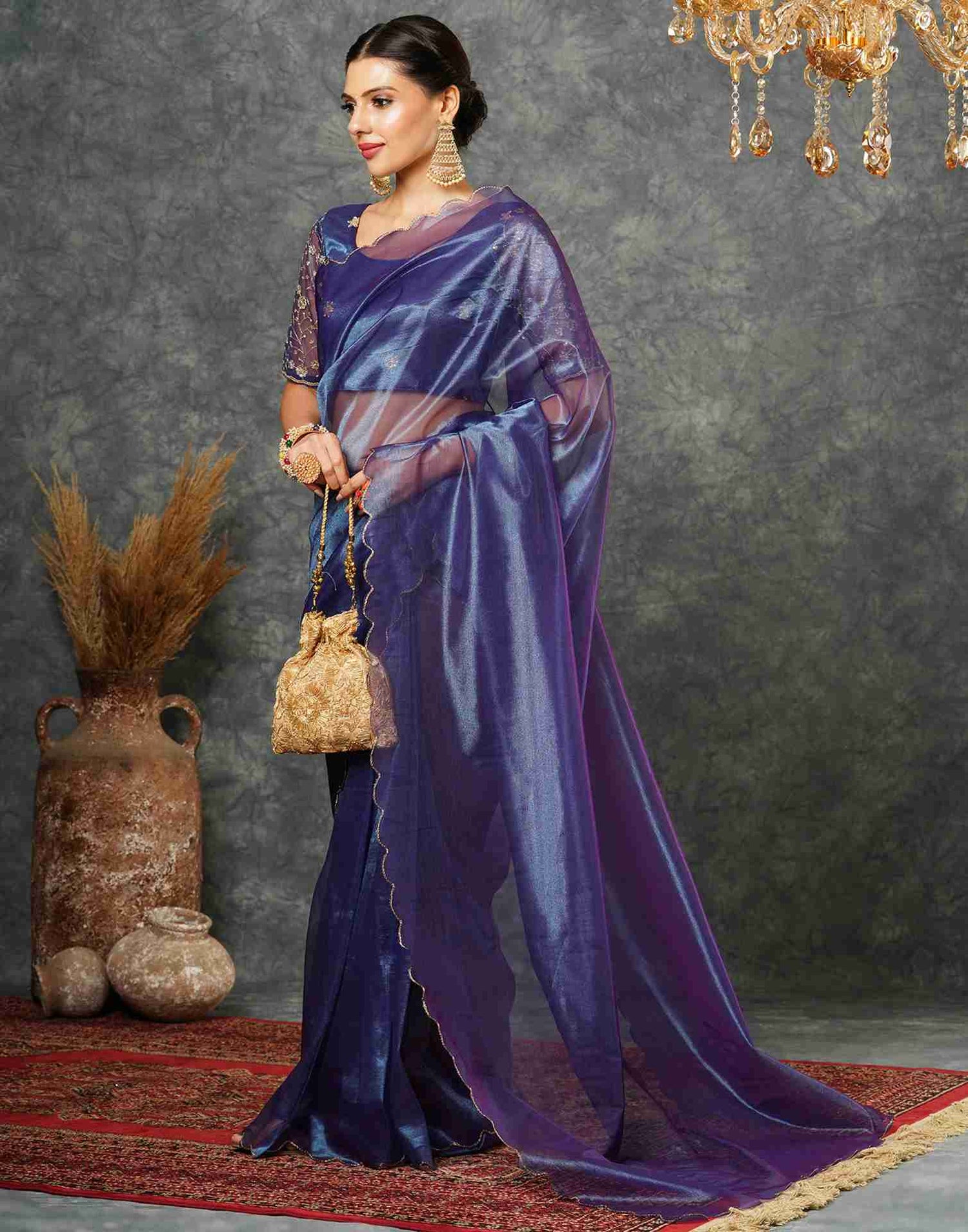 Royal Blue Net Embroidery Plain Saree