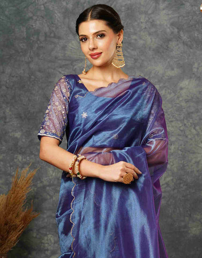 Royal Blue Net Embroidery Plain Saree