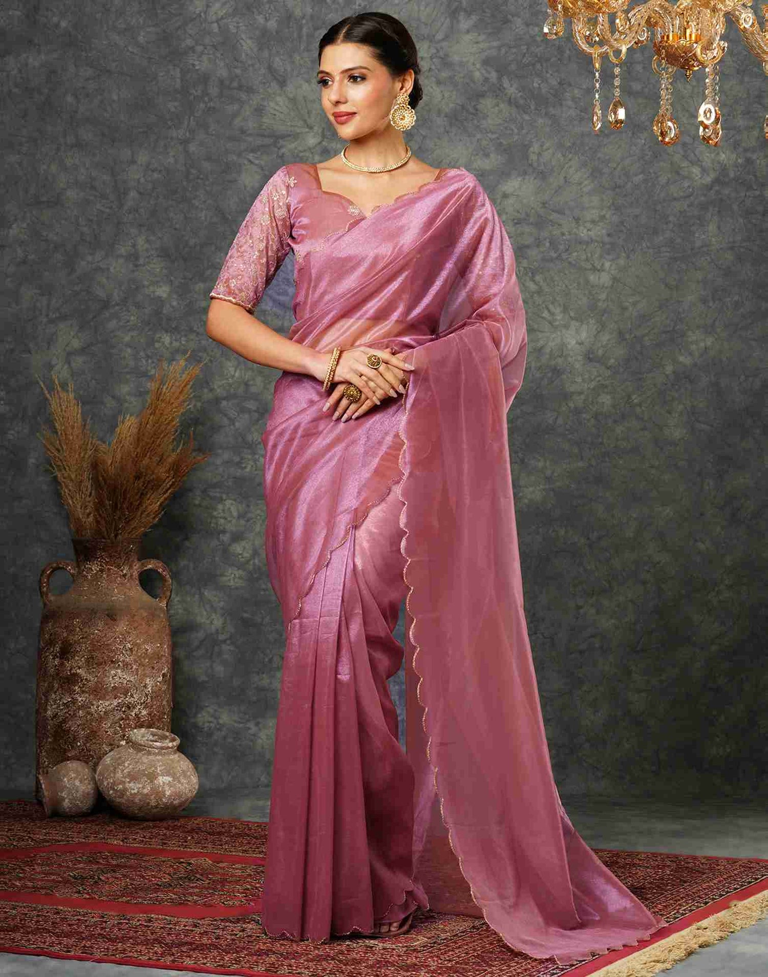 Rose Pink Net Embroidery Plain Saree