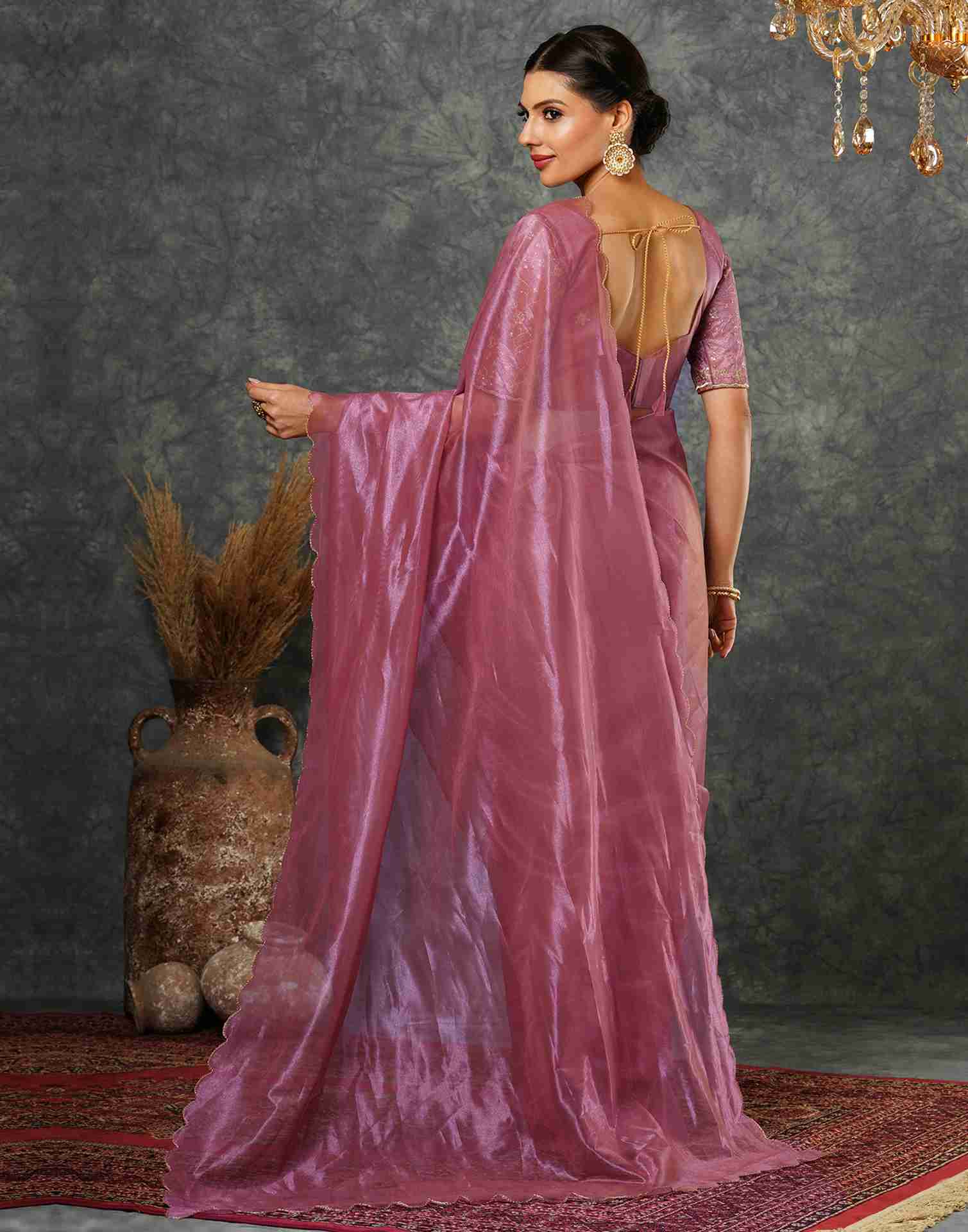 Rose Pink Net Embroidery Plain Saree