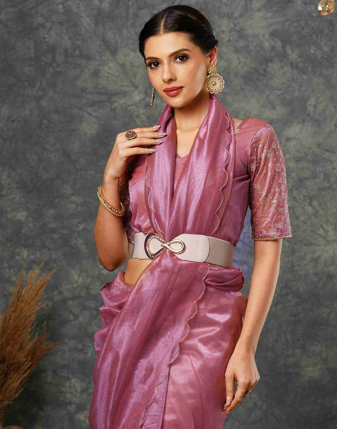 Rose Pink Net Embroidery Plain Saree