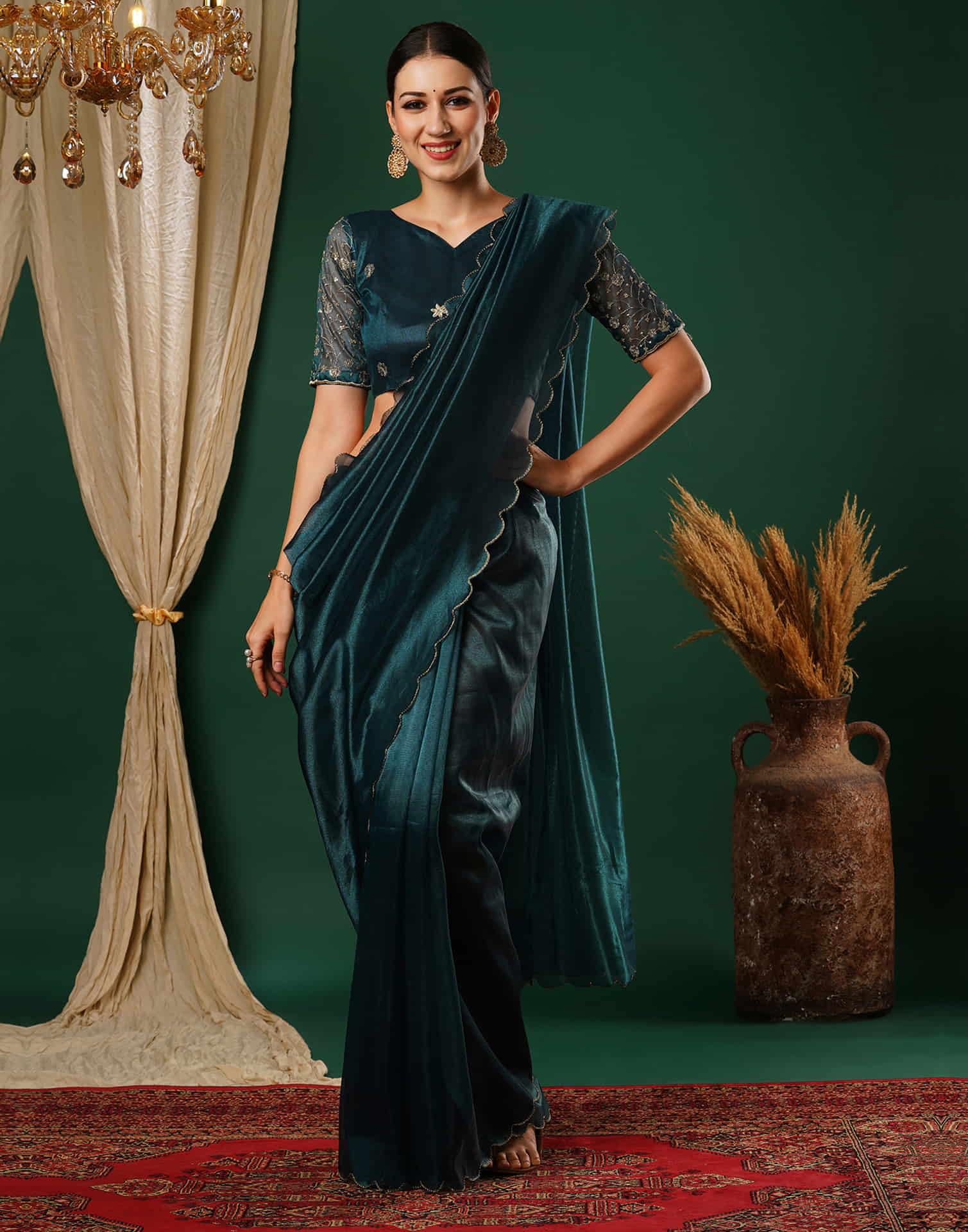 Rama Blue Embroidery Plain Net Saree