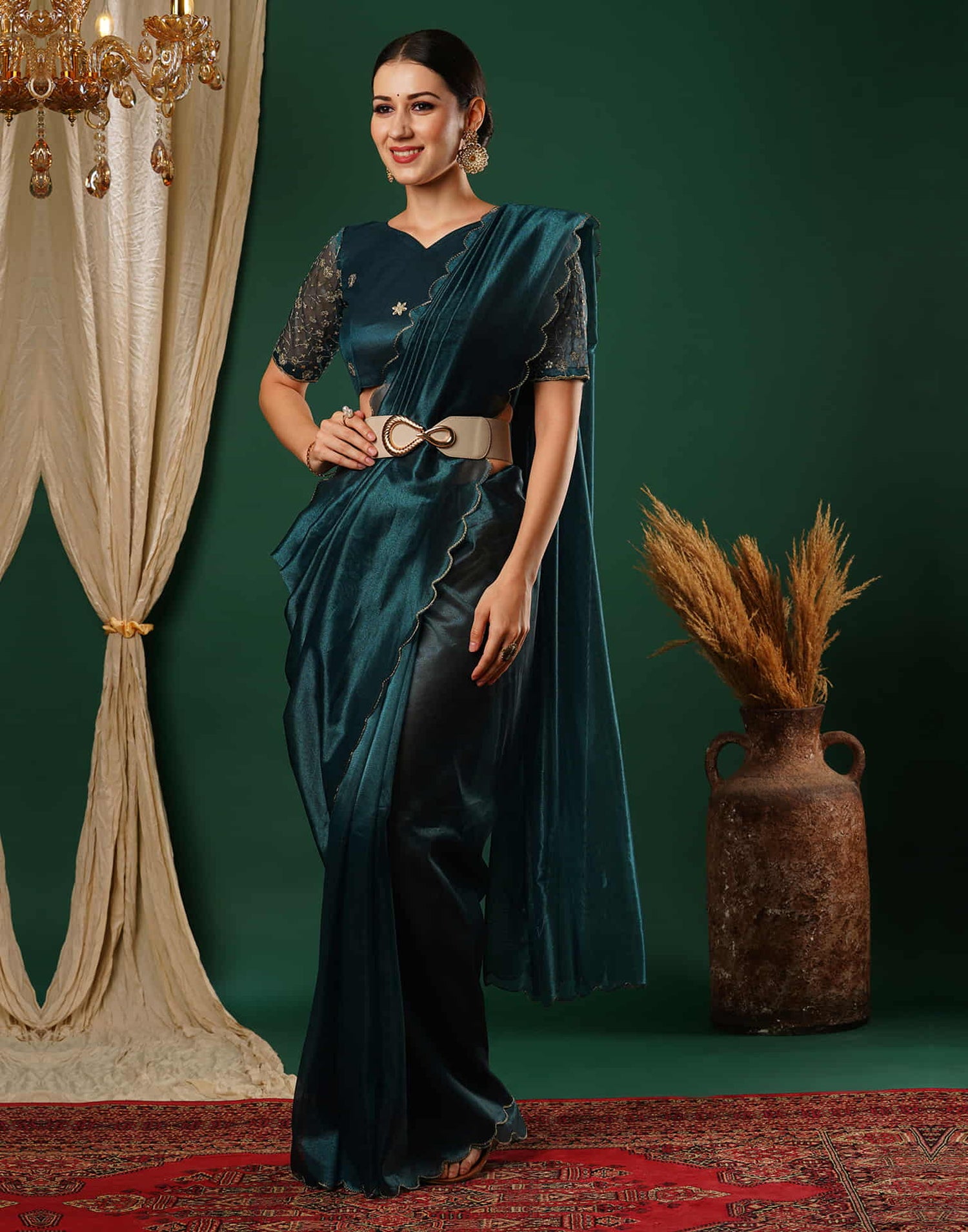 Rama Blue Embroidery Plain Net Saree