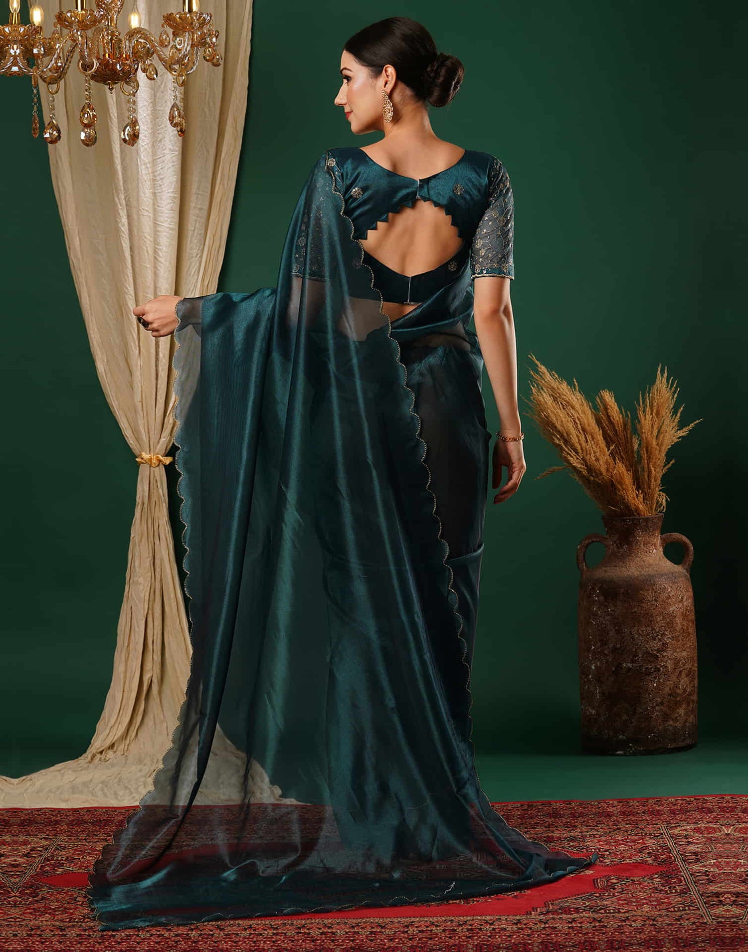 Rama Blue Embroidery Plain Net Saree