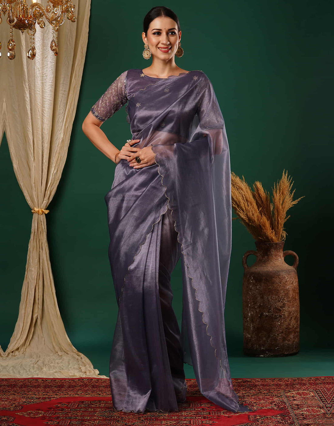 Mauve Embroidery Plain Net Saree