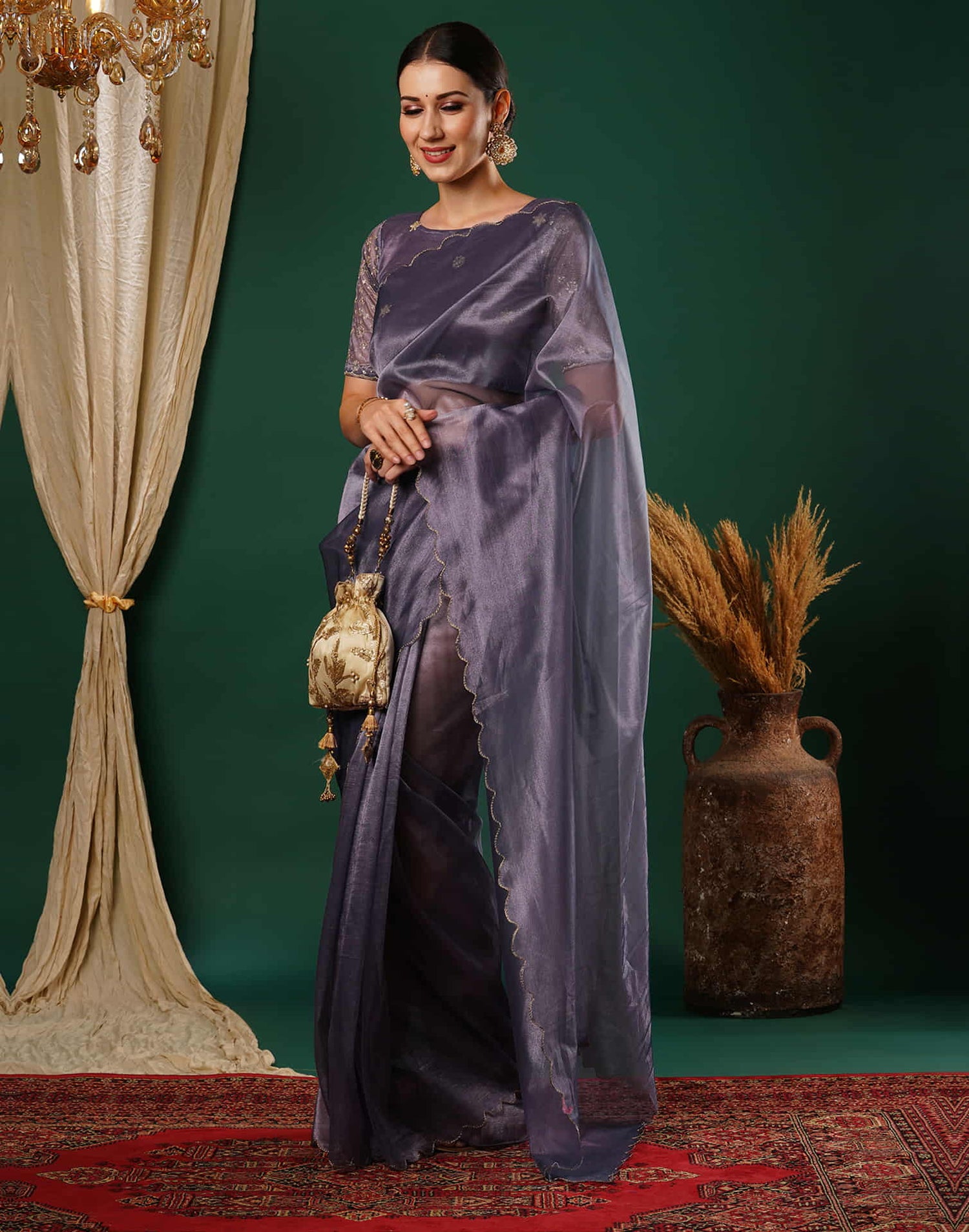 Lavender Embroidery Plain Net Saree