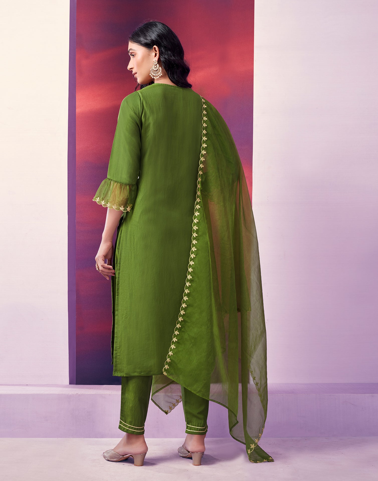 Green Embroidered Kurti With Pant And Dupatta