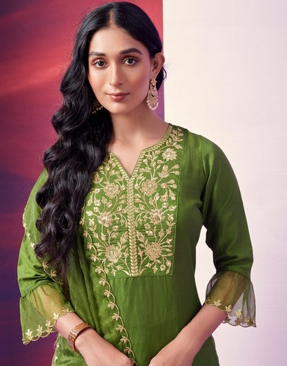 Green Embroidered Kurti With Pant And Dupatta