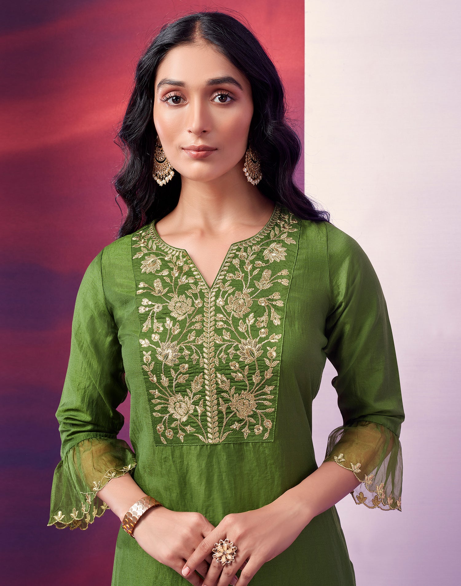 Green Embroidered Kurti With Pant And Dupatta