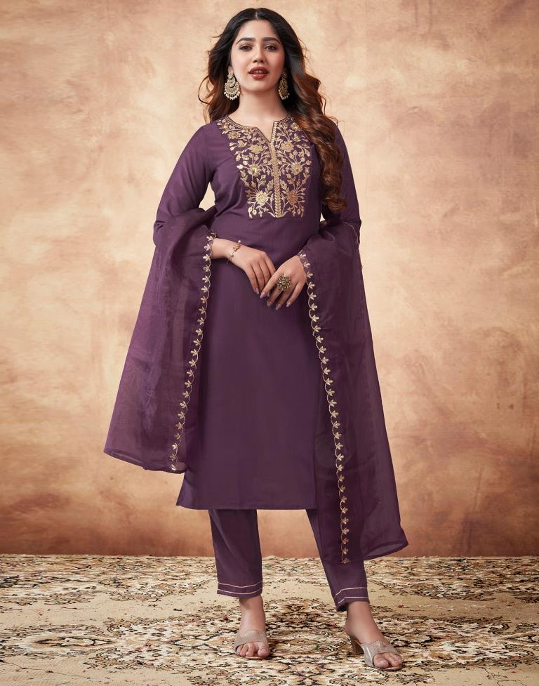 Wine Embroidered Kurta With Pant And Dupatta