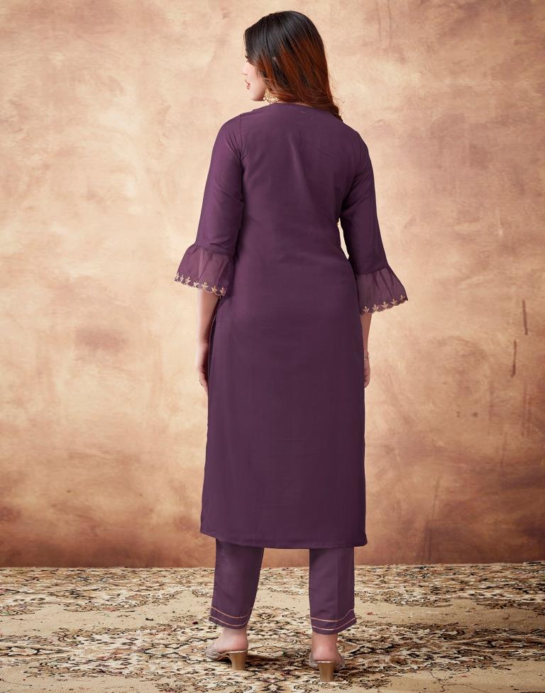 Wine Embroidered Kurta With Pant And Dupatta