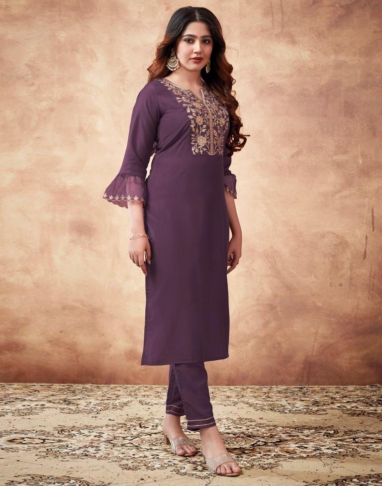 Wine Embroidered Kurta With Pant And Dupatta