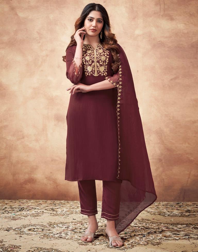 Maroon Embroidered Chinnon Kurta With Pant And Dupatta