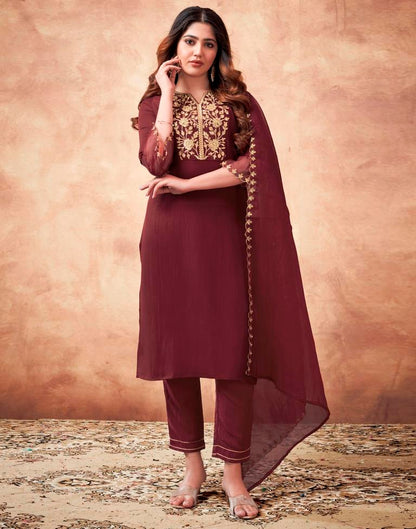 Maroon Embroidered Chinnon Kurta With Pant And Dupatta