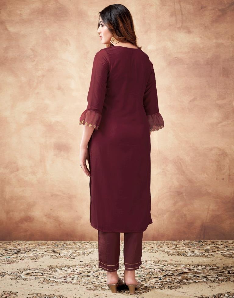 Maroon Embroidered Chinnon Kurta With Pant And Dupatta