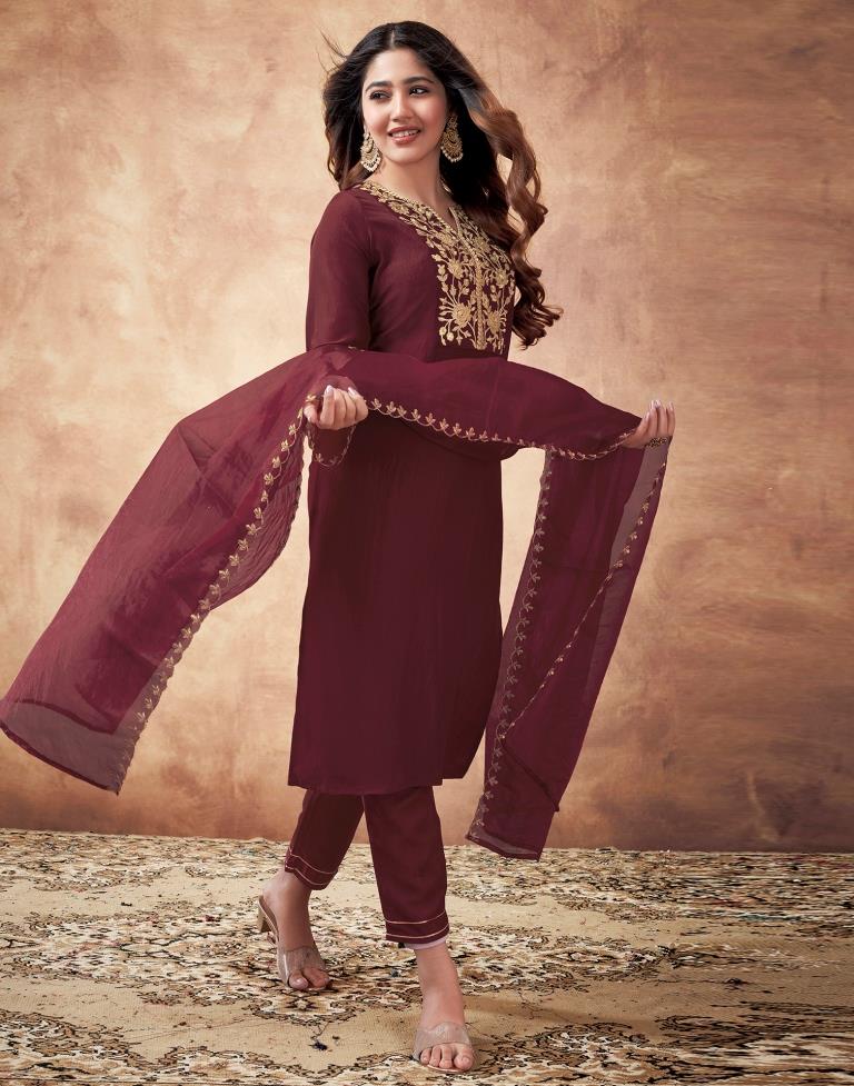 Maroon Embroidered Chinnon Kurta With Pant And Dupatta