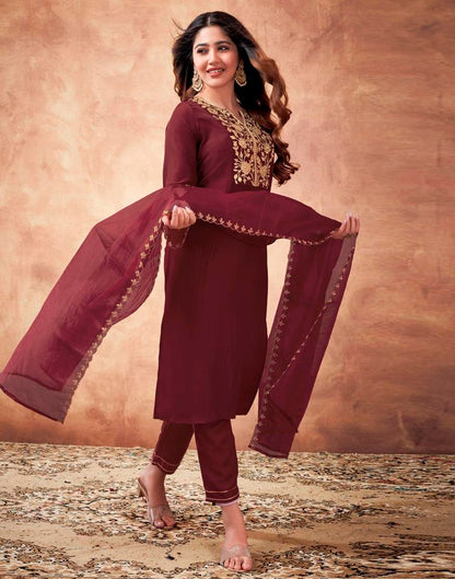 Maroon Embroidered Chinnon Kurta With Pant And Dupatta