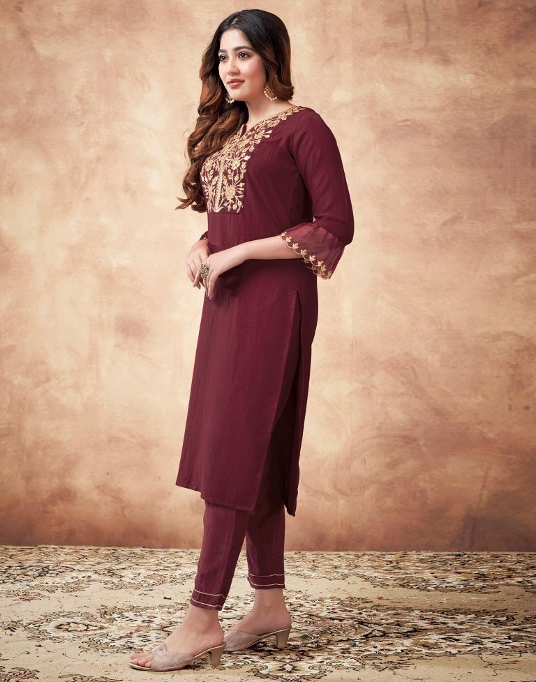 Maroon Embroidered Chinnon Kurta With Pant And Dupatta