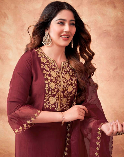 Maroon Embroidered Chinnon Kurta With Pant And Dupatta