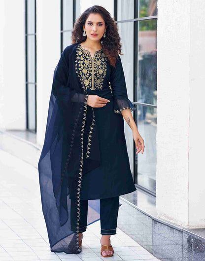 Navy Blue Embroidered Chinnon Kurta With Pant And Dupatta