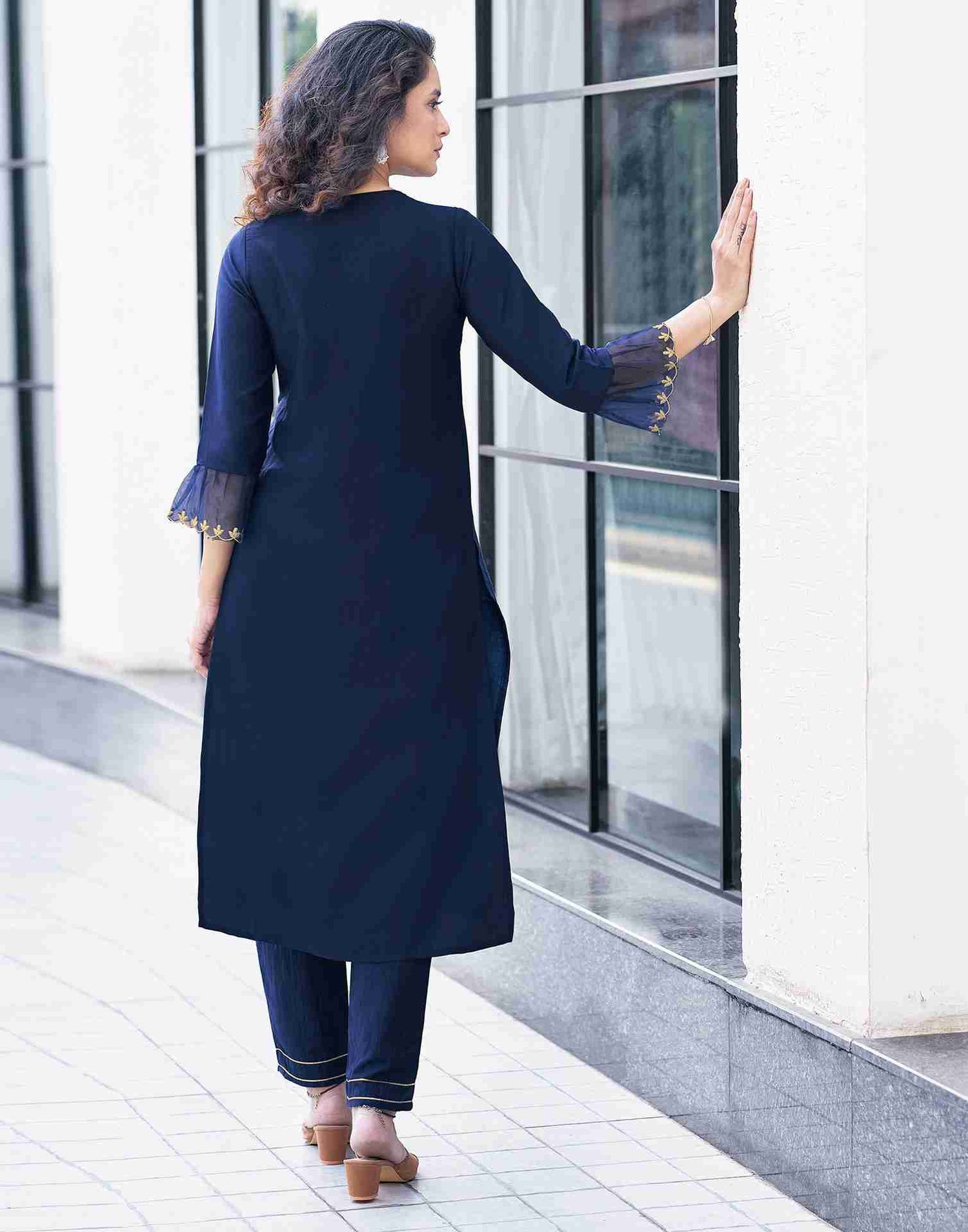 Navy Blue Embroidered Chinnon Kurta With Pant And Dupatta