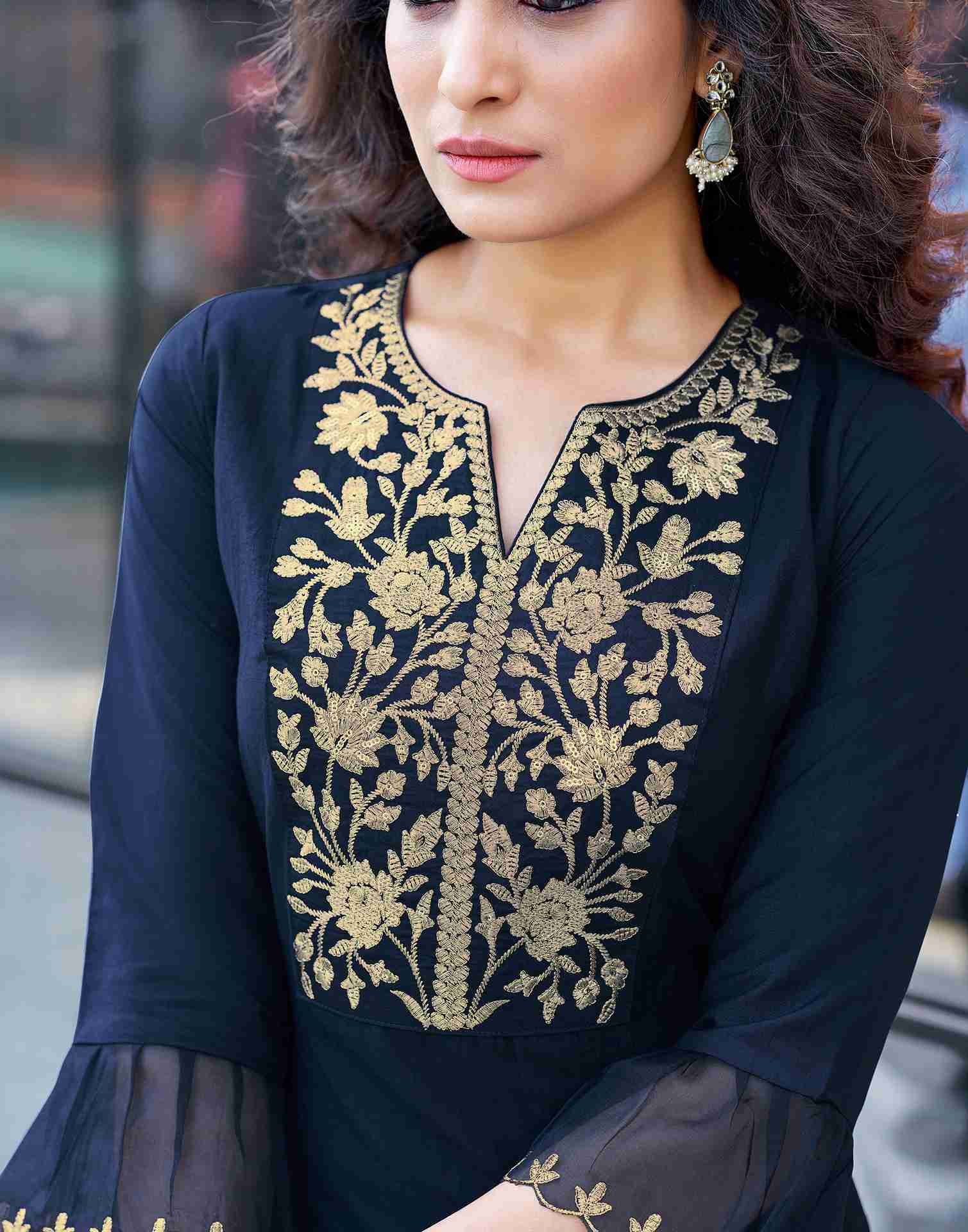 Navy Blue Embroidered Chinnon Kurta With Pant And Dupatta