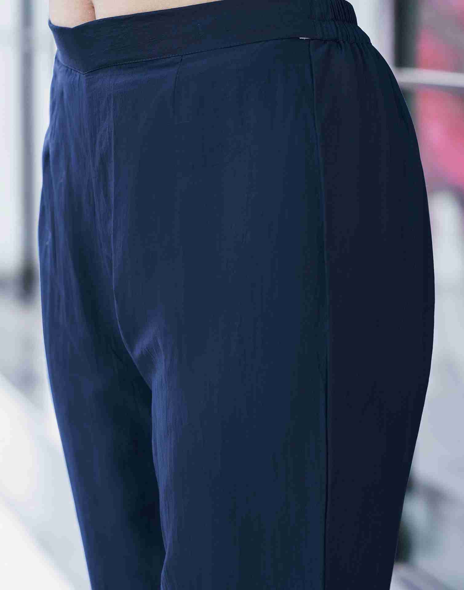 Navy Blue Embroidered Chinnon Kurta With Pant And Dupatta