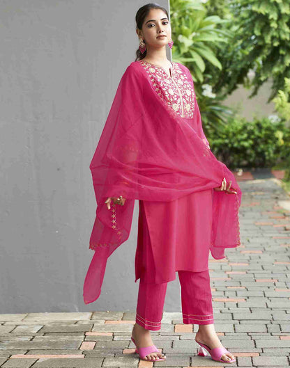 Pink Embroidered Chinnon Kurta Set With Dupatta