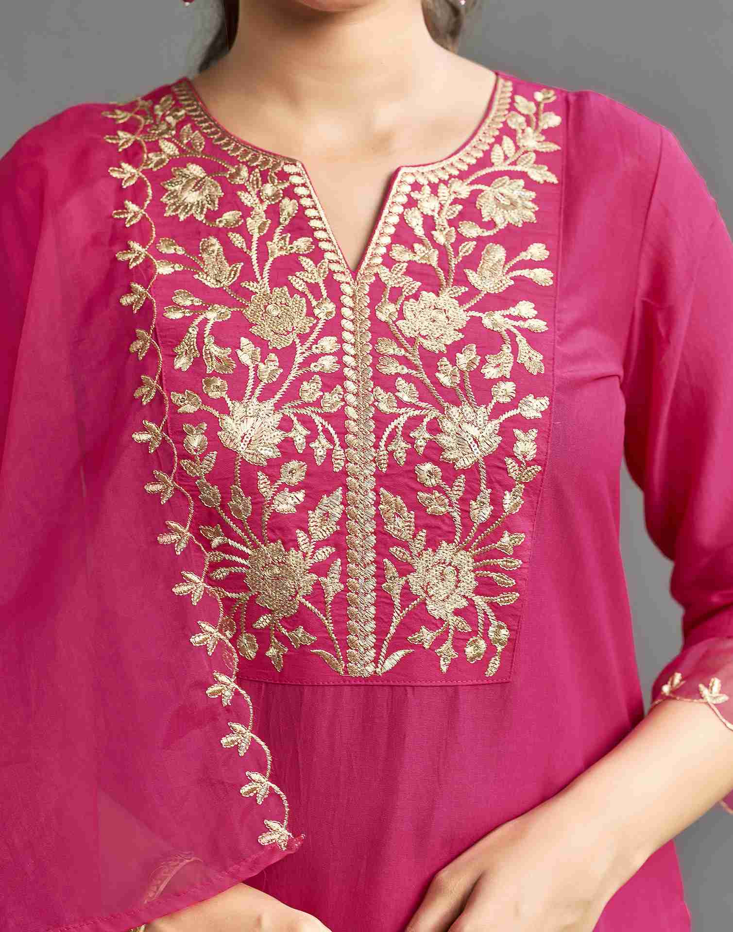 Pink Embroidered Chinnon Kurta Set With Dupatta