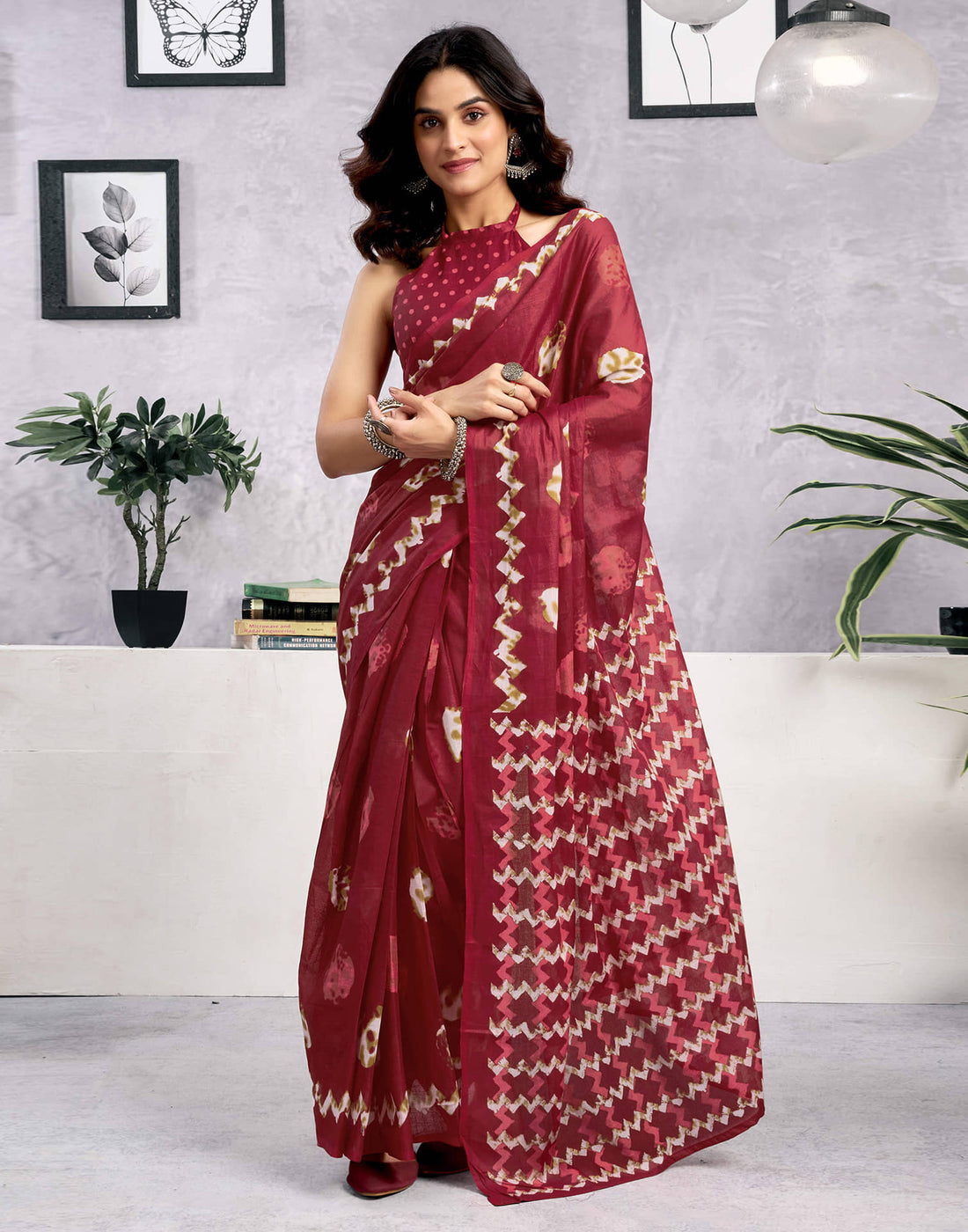Ready To Wear Dark Red Cotton Printed Saree