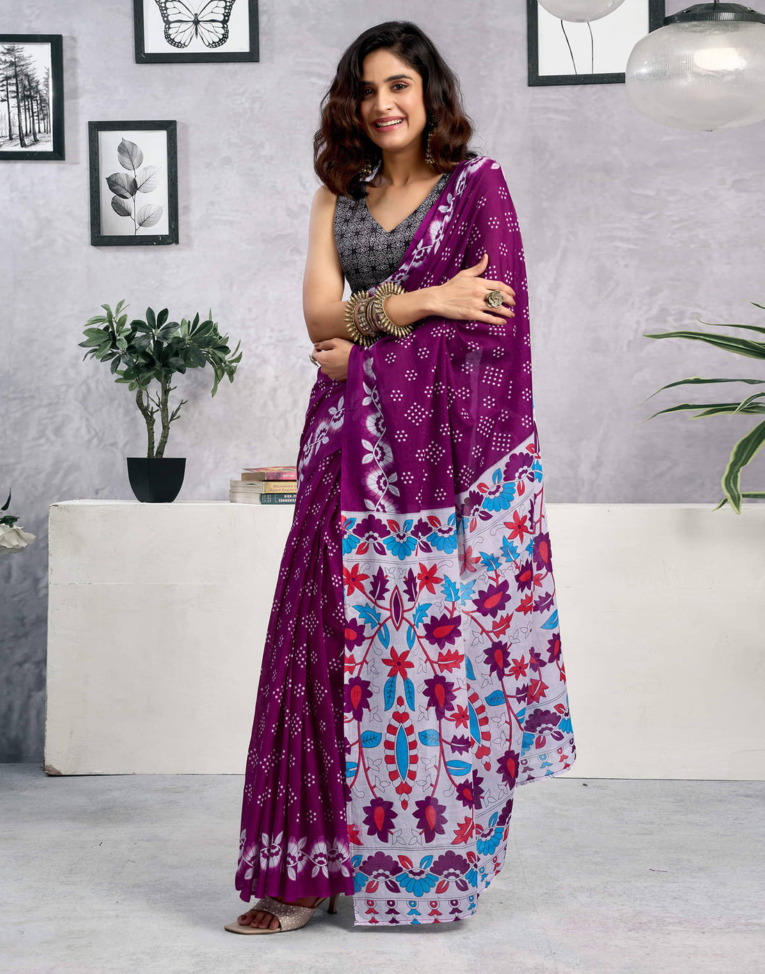 Ready To Wear Wine Cotton Printed Saree