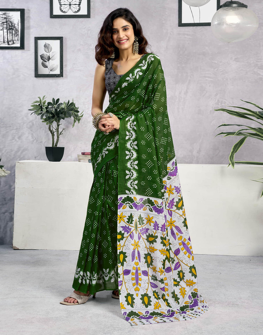 Ready To Wear Green Cotton Printed Saree