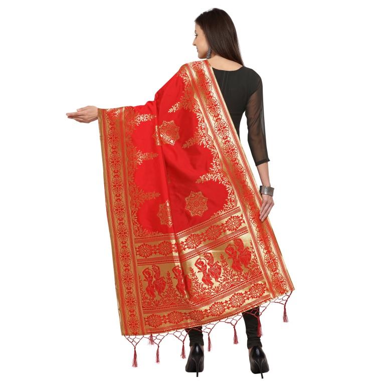 Red Coloured Poly Silk Jacqaurd Dupatta | Sudathi