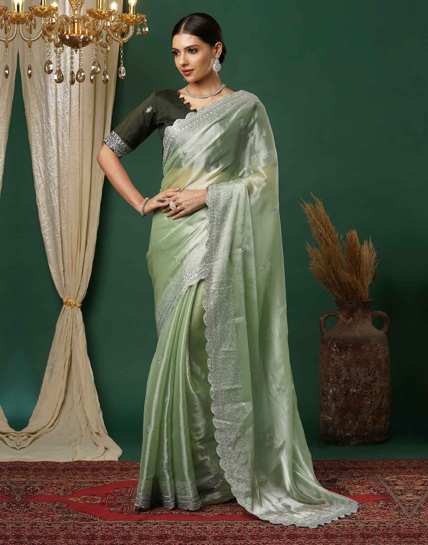 Light Pista Green Silk Embroidery Embroidery Saree