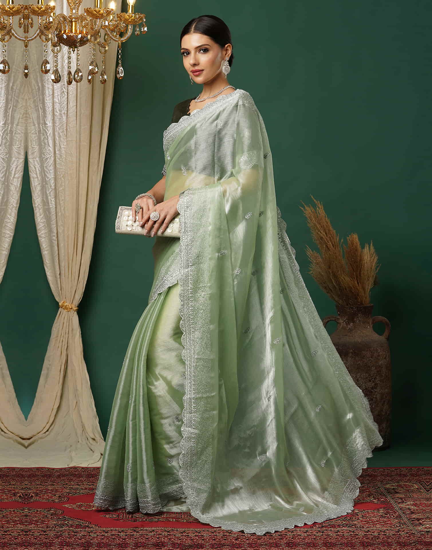 Light Pista Green Silk Embroidery Embroidery Saree