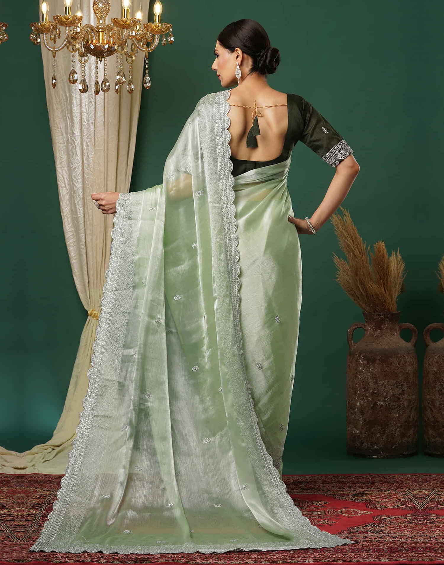 Light Pista Green Silk Embroidery Embroidery Saree