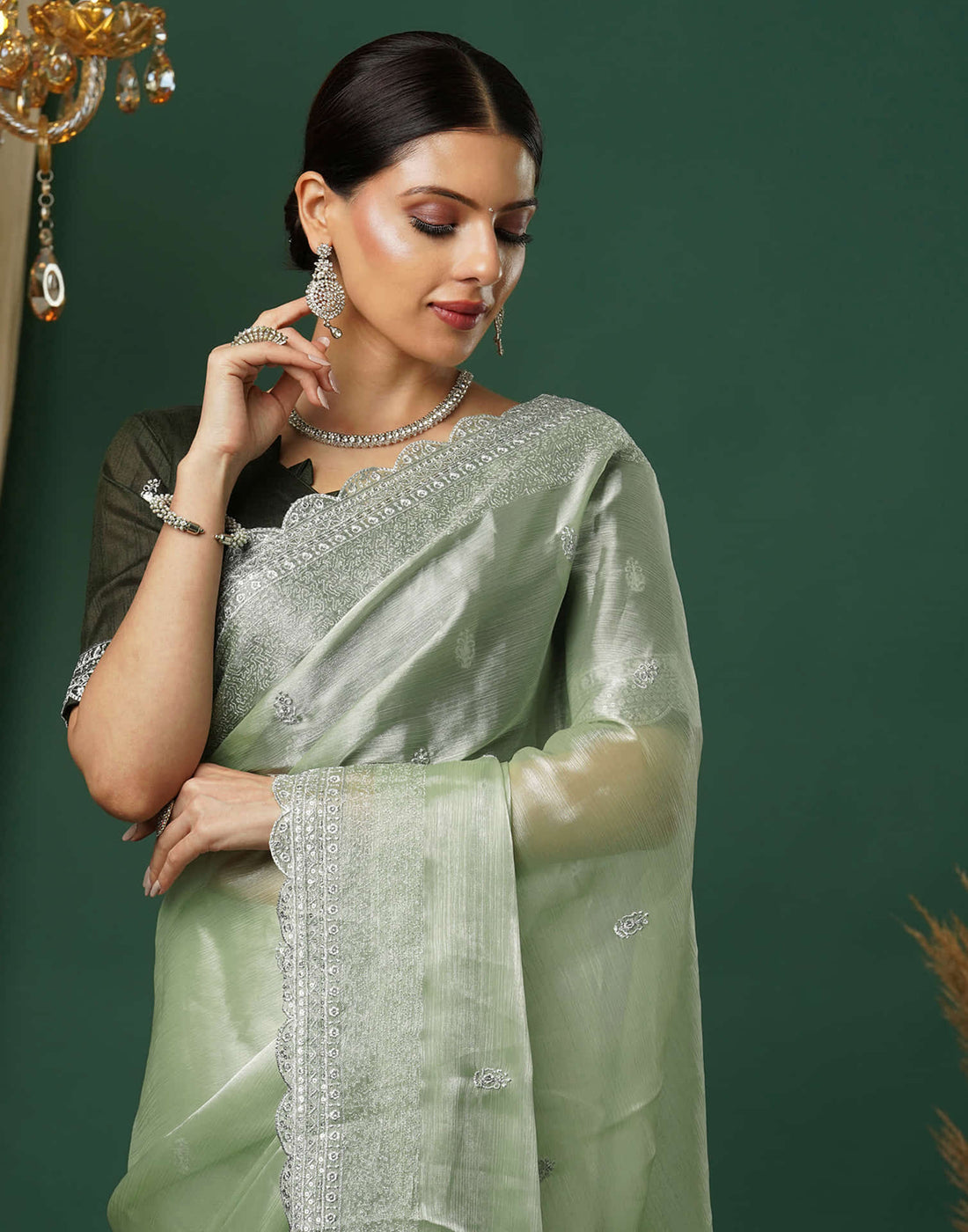 Light Pista Green Silk Embroidery Embroidery Saree