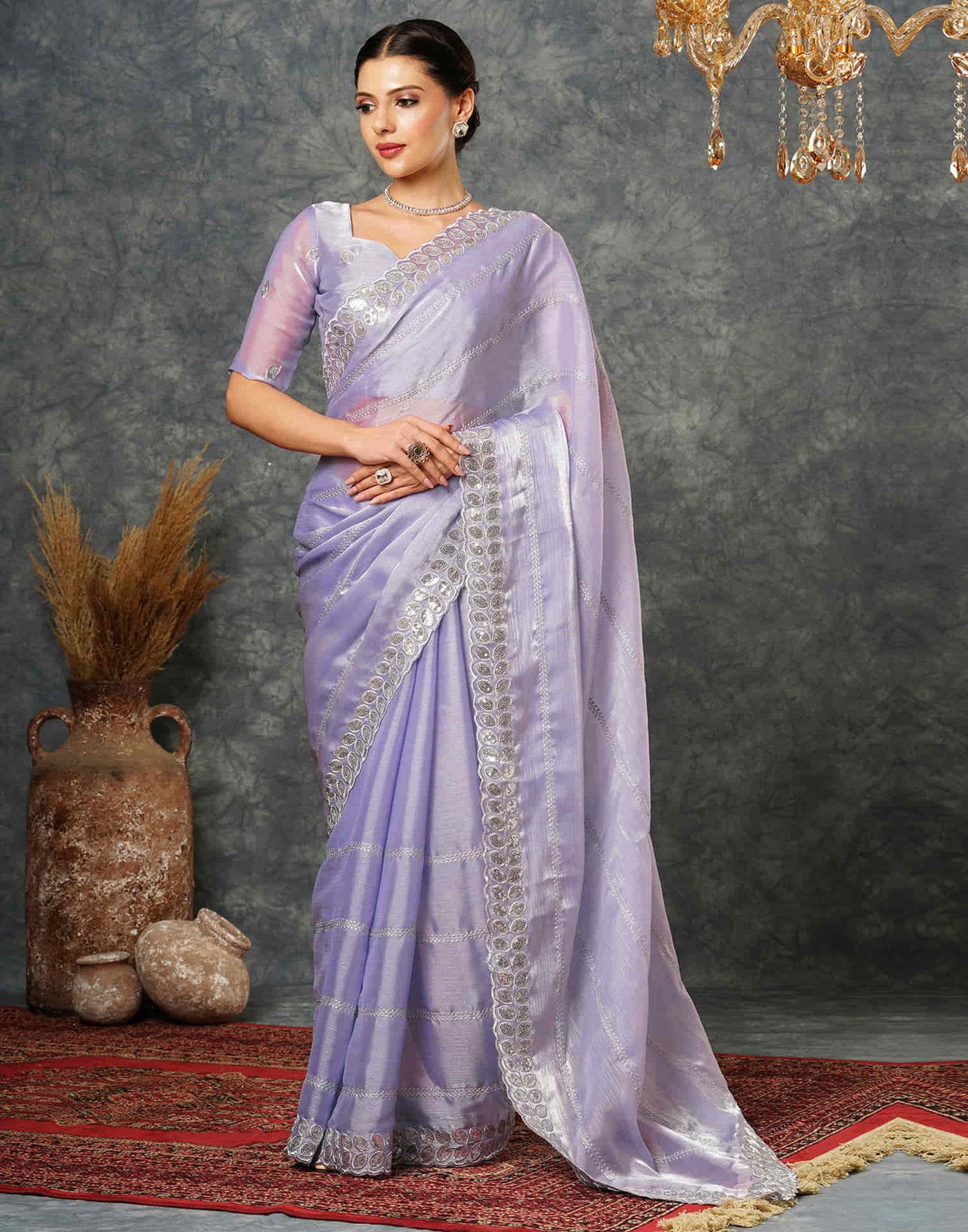 Light Lavender Silk Embroidery Embroidery Saree