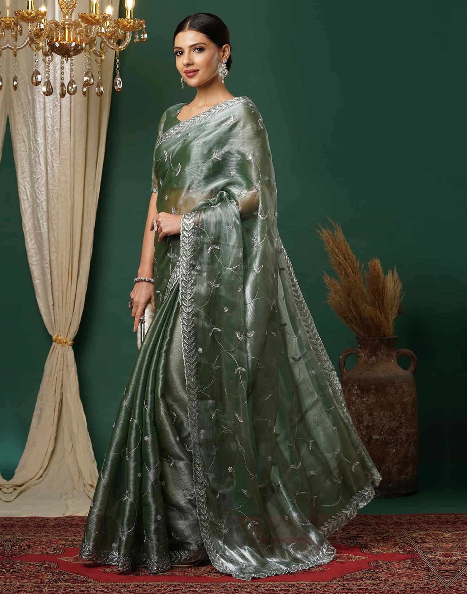 Moss Green Silk Embroidery Embroidery Saree