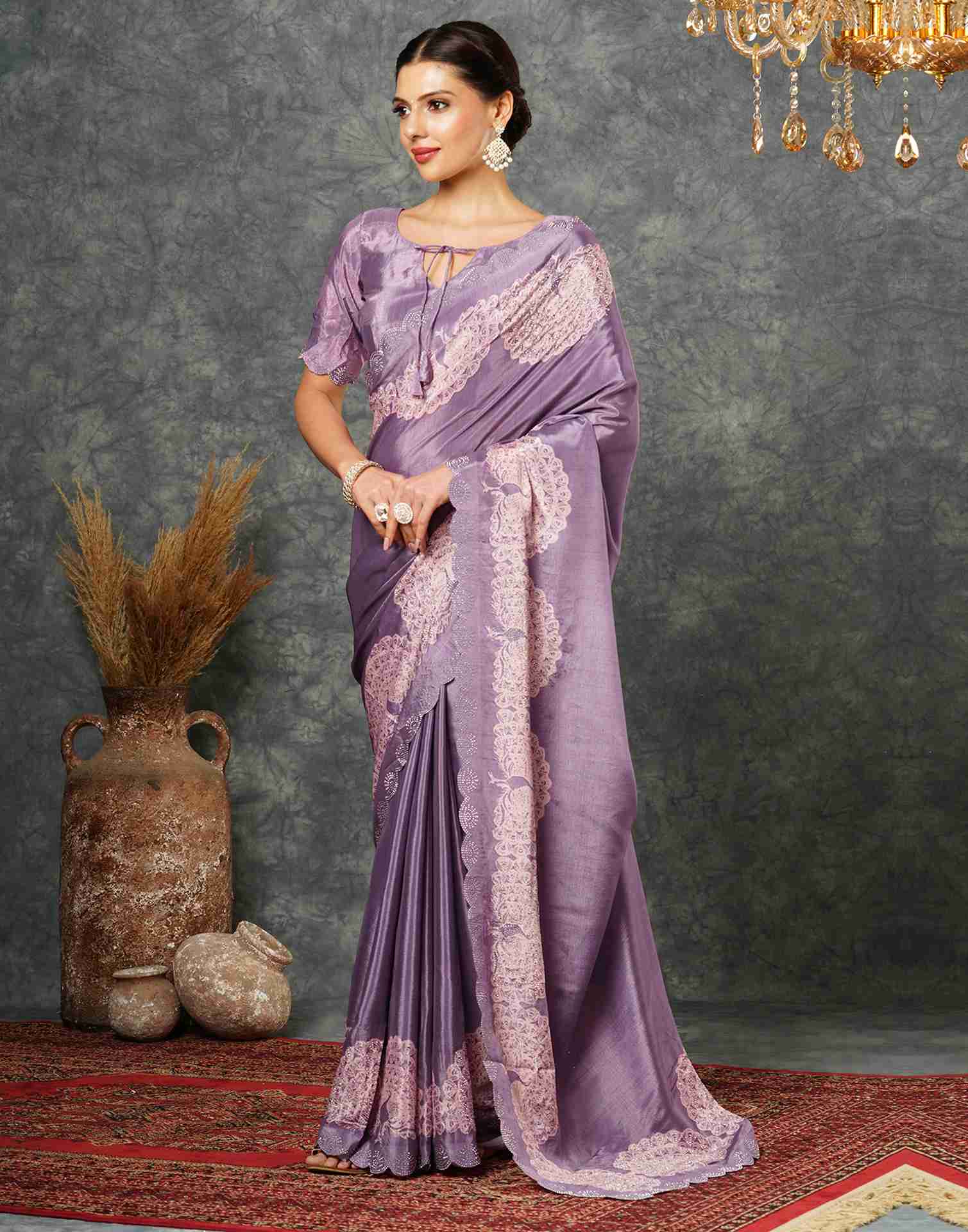 Dusty Purple Silk Stone Work Swarovski Saree